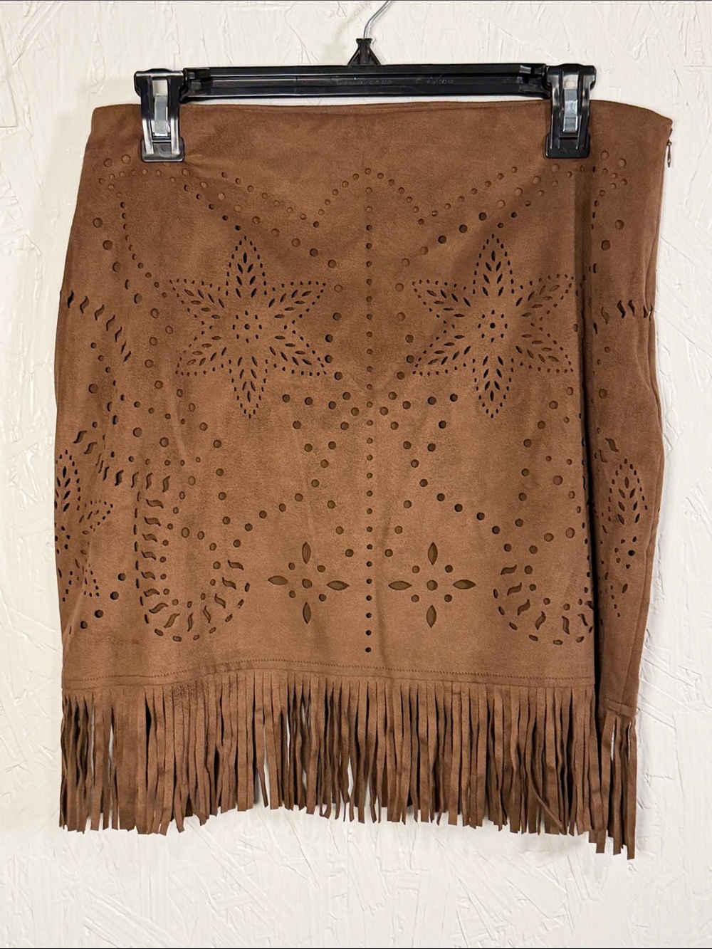 Shyanne Brown Faux Suede Fringe Laser-Cut Mini Skirt